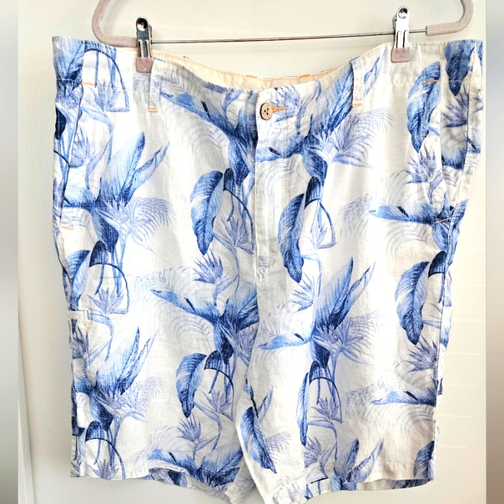 Tommy Bahama Mens Linen Shorts SZ 42 White/Blue Relaxed Floral Flat Fron…
